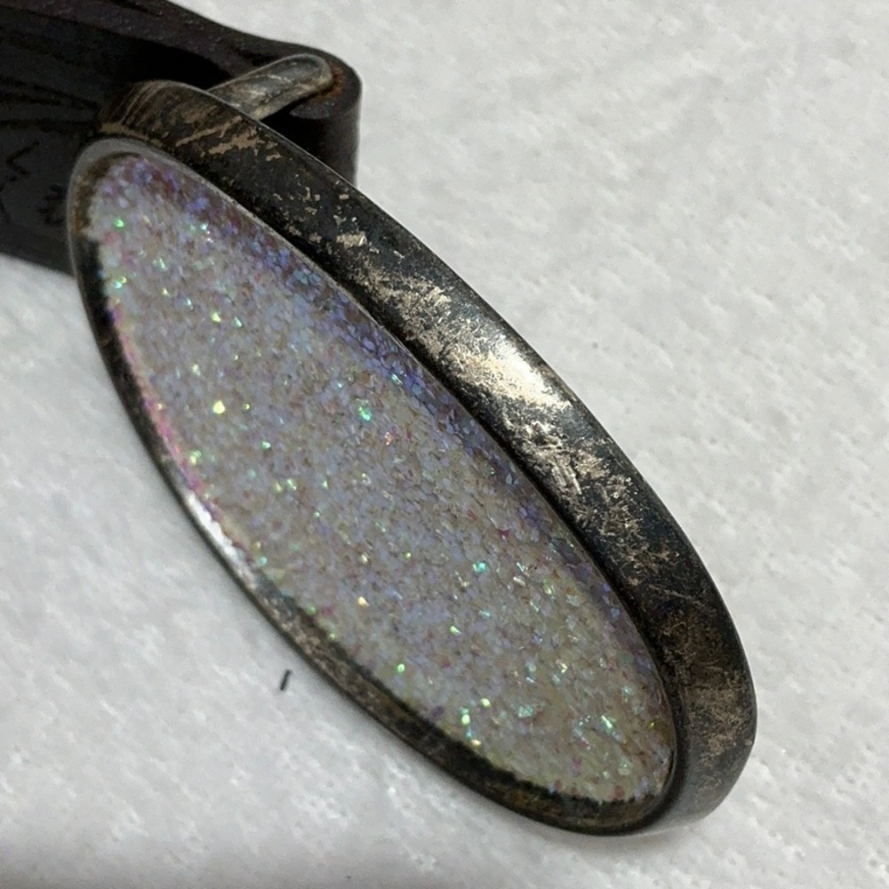 Italian Leather Belt Floral Embossed Western Design Glitter Buckle - Picture 7 of 10